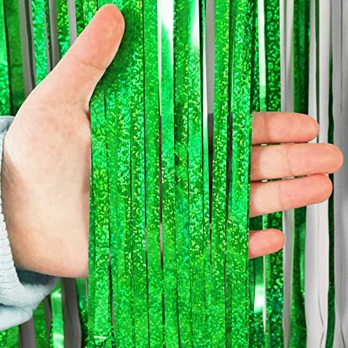 Green Tinsel Foil Fringe Curtain Backdrop, 3.3 x 8.2 ft Metallic Glitter Curtain Streamers, 2 Pack Green, alternate view 7