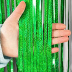 Green Tinsel Foil Fringe Curtain Backdrop, 3.3 x 8.2 ft Metallic Glitter Curtain Streamers, 2 Pack Green, alternate view 7
