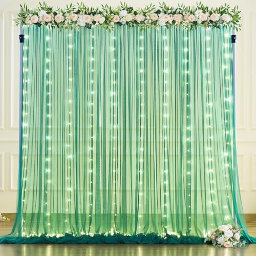 Green Tulle Backdrop Curtains with Lights String for Parites 10x10ft Sheer Backdrop Curtains Drapes for Birthday