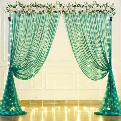 Green Tulle Backdrop Curtains with Lights String for Parites 10x10ft Sheer Backdrop Curtains Drapes for Birthday, alternate