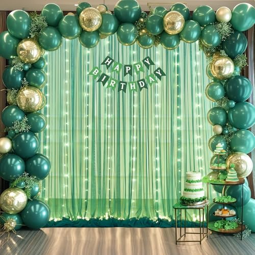 Green Tulle Backdrop Curtains with Lights String for Parites 10x10ft Sheer Backdrop Curtains Drapes for Birthday, alternate