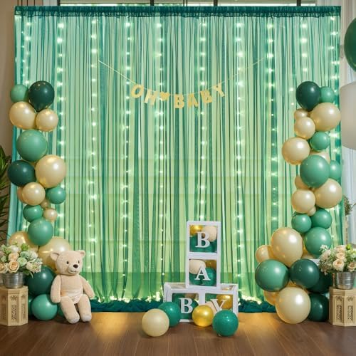 Green Tulle Backdrop Curtains with Lights String for Parites 10x10ft Sheer Backdrop Curtains Drapes for Birthday, alternate