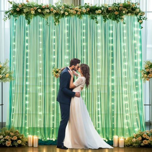 Green Tulle Backdrop Curtains with Lights String for Parites 10x10ft Sheer Backdrop Curtains Drapes for Birthday, alternate