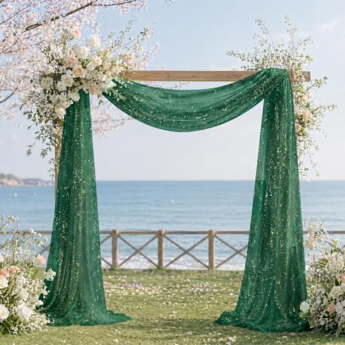 Green Wedding Arch Draping Fabric 1 Panel 28" x 20FT, Glitter Sheer Backdrop Drapes for Wedding Ceremony, alternate view 2