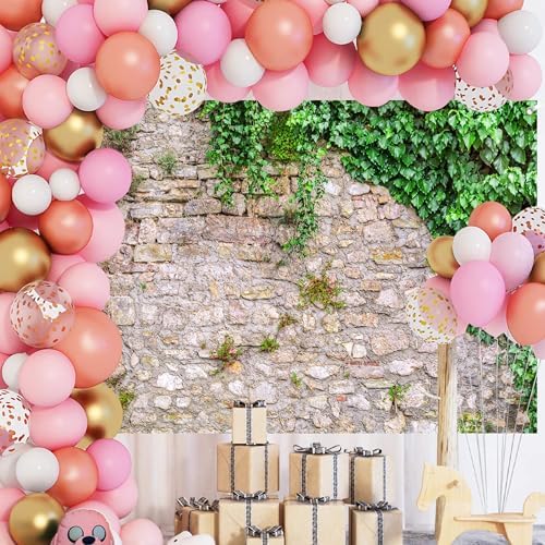 Greenery Brick Wall Backdrop 8x6 FT for Photoshoot Rustic Stone Wall Backdrops Spring Plant Rock Photography, alternate view