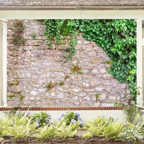 Greenery Brick Wall Backdrop 8x6 FT for Photoshoot Rustic Stone Wall Backdrops Spring Plant Rock Photography, alternate view
