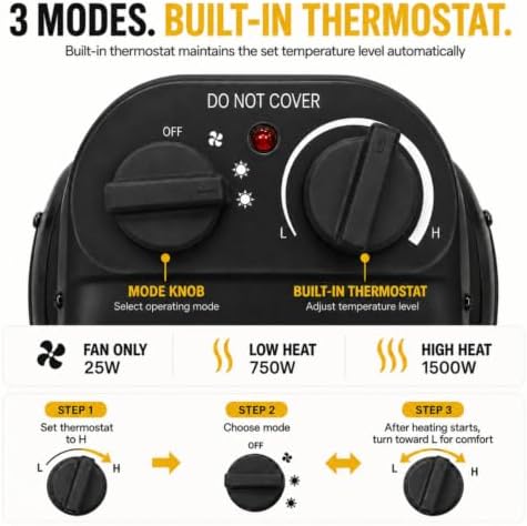 Greenhouse Heater, 1500W PTC Fast Heating with Overheat Protection in Yellow, alternate view 6