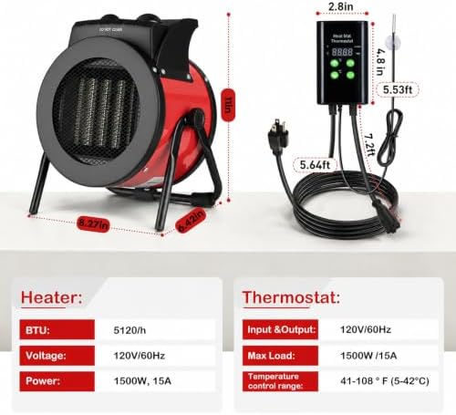 Greenhouse Heater with Thermostat, 1500W Patio Heater, Red in Red, alternate view 2