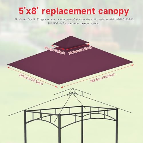Grill Gazebo Replacement Canopy Top Only - 5' x 8' Outdoor BBQ Gazebo Canopy Roof, Waterproof Double Tiered, alternate view 2
