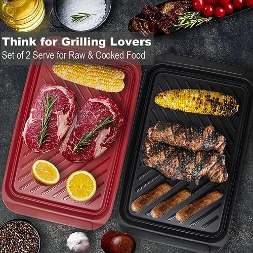 Grilling Prep and Serving Tray, Dishwasher-Safe, 2-pcs Set in Black+red, alternate view 4