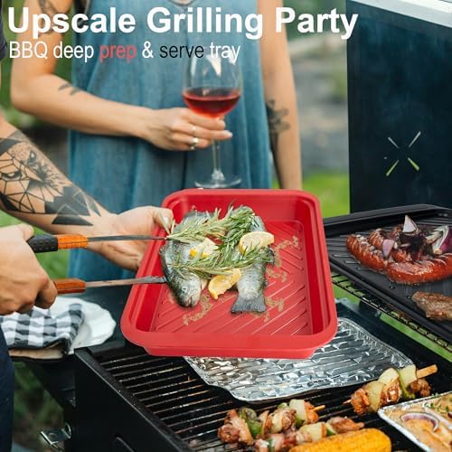 Grilling Prep and Serving Tray with Lid, BBQ Deep Tray for Marinating Raw and Cooked Food, Melamine Serving, alternate view 3