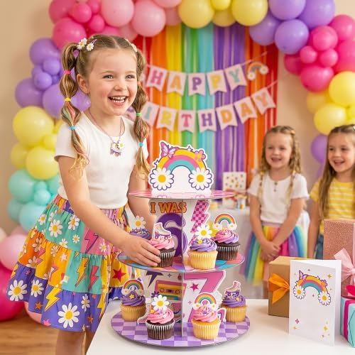Groovy 67 Cupcake Stand - 3Tier I was 6 Now I'm 7 Dessert Holder in Colorful, alternate view 6