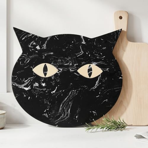 Halloween Black Cat Marble Cheese Board, 11 x 9.8 Inch Black Marble Charcuterie Board Decorative Serving Tray