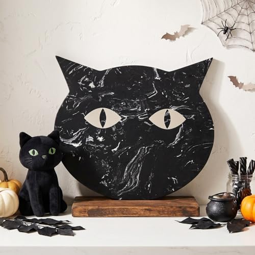 Halloween Black Cat Marble Cheese Board, 11 x 9.8 Inch Black Marble Charcuterie Board Decorative Serving Tray, alternate view