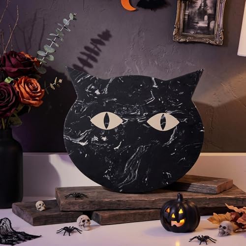 Halloween Black Cat Marble Cheese Board, 11 x 9.8 Inch Black Marble Charcuterie Board Decorative Serving Tray, alternate view