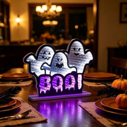 Halloween Decorations Indoor, BOO Infinity Mirror Tunnel Light with 3 Ghosts for Halloween Decor, Spooky Night, alternate
