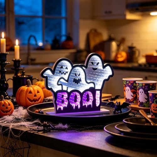 Halloween Decorations Indoor, BOO Infinity Mirror Tunnel Light with 3 Ghosts for Halloween Decor, Spooky Night, alternate