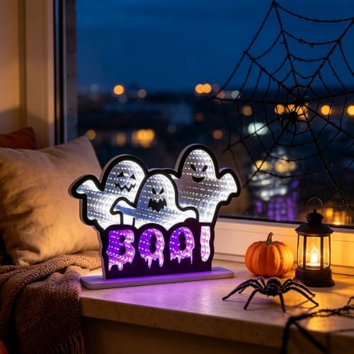 Halloween Decorations Indoor, BOO Infinity Mirror Tunnel Light with 3 Ghosts for Halloween Decor, Spooky Night, alternate