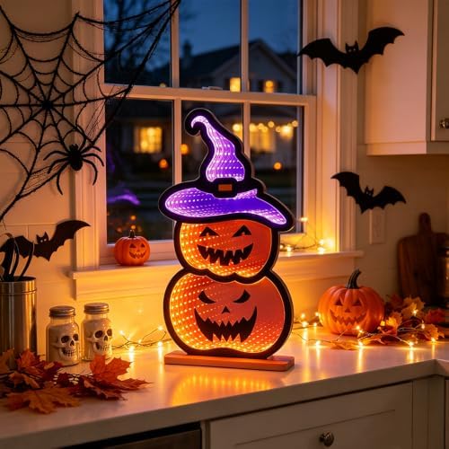 Halloween Decorations Indoor, Scary Pumpkin Infinity Mirror Tunnel Light for Halloween Decor, Witch Hat Night, alternate view