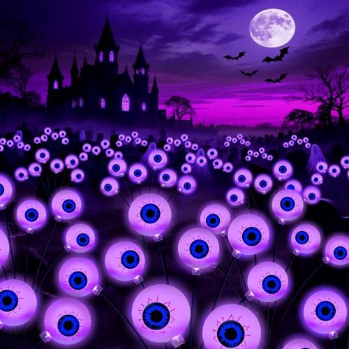 Halloween Decorations Outdoor, 4 Pack 24 LED Solar Purple Scary Eyeball Swaying Lights, Solar Firefly Light
