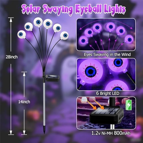 Halloween Decorations Outdoor, 4 Pack 24 LED Solar Purple Scary Eyeball Swaying Lights, Solar Firefly Light, alternate view 2