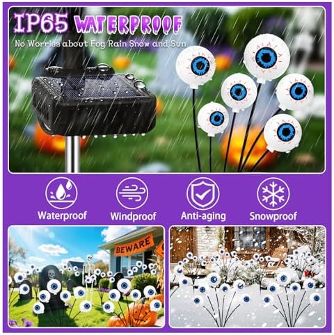 Halloween Decorations Outdoor, 4 Pack 24 LED Solar Purple Scary Eyeball Swaying Lights, Solar Firefly Light, alternate view 4