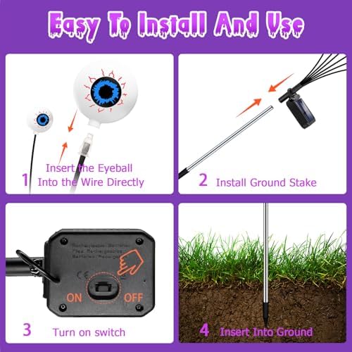 Halloween Decorations Outdoor, 4 Pack 24 LED Solar Purple Scary Eyeball Swaying Lights, Solar Firefly Light, alternate view 5