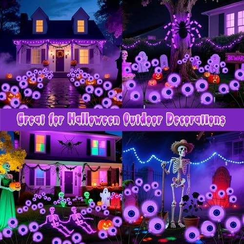 Halloween Decorations Outdoor, 4 Pack 24 LED Solar Purple Scary Eyeball Swaying Lights, Solar Firefly Light, alternate view 6