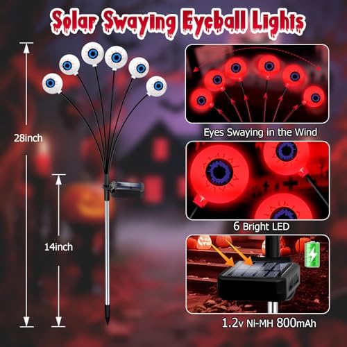 Halloween Decorations Outdoor, 4 Pack 24 LED Solar Red Scary Eyeball Swaying Lights, Solar Firefly Light, alternate view 2