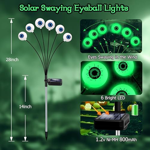 Halloween Decorations Outdoor, 6 Pack 36 LED Solar Scary Eyeball Swaying Lights, Green Solar Firefly Light, alternate view 2