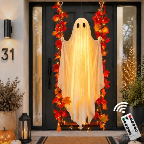 Halloween Decorations Outdoor Indoor-5.3ft Hanging Ghost Decor with a Maple Leaf 6.6ft Swing, Ghost Light