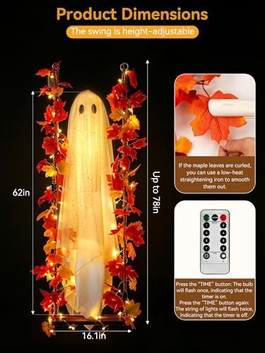 Halloween Decorations Outdoor Indoor-5.3ft Hanging Ghost Decor with a Maple Leaf 6.6ft Swing, Ghost Light, alternate view 3