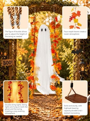 Halloween Decorations Outdoor Indoor-5.3ft Hanging Ghost Decor with a Maple Leaf 6.6ft Swing, Ghost Light, alternate view 6
