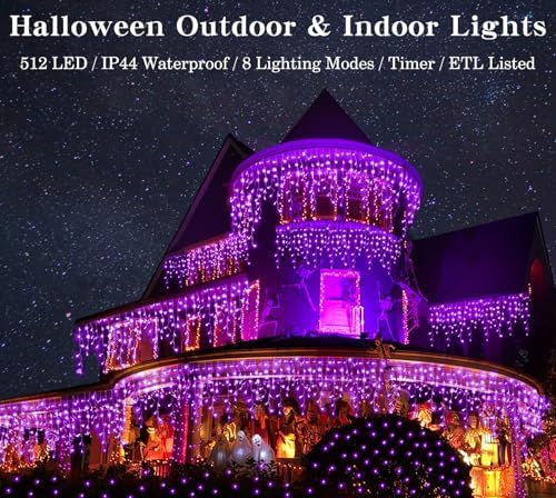 Halloween Icicle Lights Outdoor, 512 LED 46.5 FT 8 Lighting Modes with Timer & Memory, Curtain Fairy String, alternate view 2