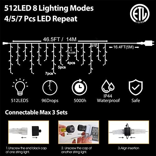 Halloween Icicle Lights Outdoor, 512 LED 46.5 FT 8 Lighting Modes with Timer & Memory, Curtain Fairy String, alternate view 5