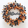 Halloween Wreath for Front Door with Pumpkins Berries and Wood Sign in Black