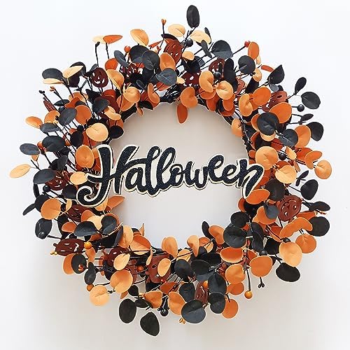 Halloween Wreath for Front Door with Pumpkins Berries and Wood Sign in Black