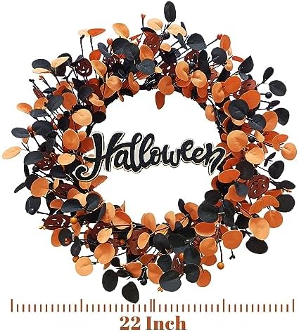 Halloween Wreath for Front Door with Pumpkins Berries and Wood Sign in Black, alternate view 2
