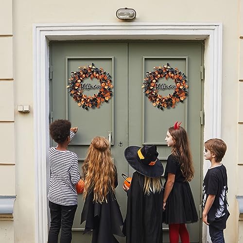 Halloween Wreath for Front Door with Pumpkins Berries and Wood Sign in Black, alternate view 4