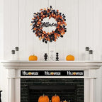 Halloween Wreath for Front Door with Pumpkins Berries and Wood Sign in Black, alternate view 6