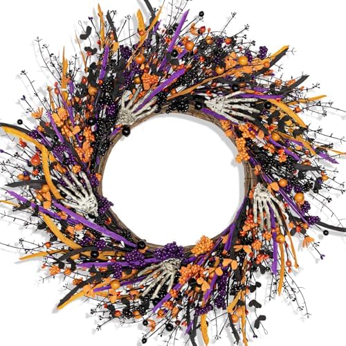 Halloween Wreaths for Front Door 22 Inch Skeleton Black Wreath Handmade Halloween Door Wreath with Purple and