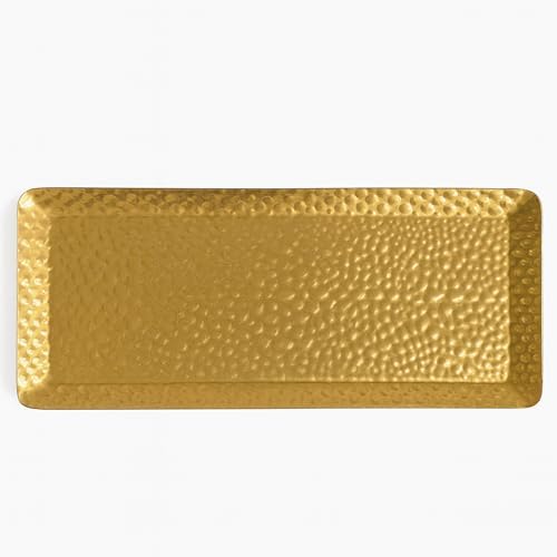 Hammered Rectangular Platter Serving Tray, Gold Stainless Steel Decorative Storage Tray, 9.8 x 4.3 Inch in 9.8 x