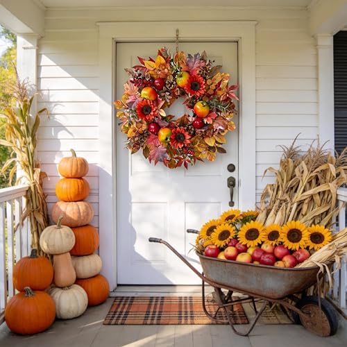 Handcrafted 24In Fall Wreath Sunflower Pomegranate Front Door Decor, alternate view 2
