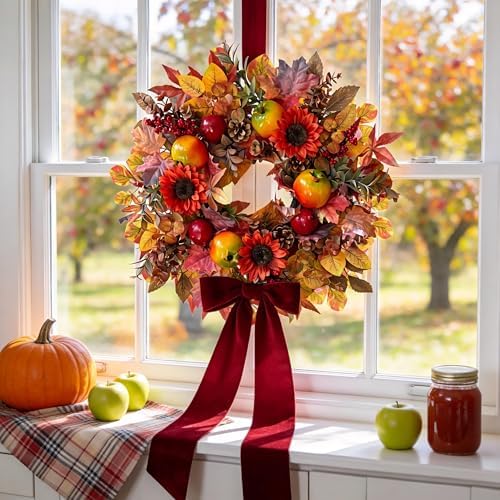 Handcrafted 24In Fall Wreath Sunflower Pomegranate Front Door Decor, alternate view 5