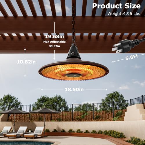 Hanging Heater, 1500W Outdoor Electric Patio Ceiling Heater with Remote Control, Infrared for Courtyard, Garage, alternate