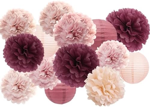 Hanging Party Decorations - Tissue Paper pom poms and Lanterns Backdrop Decor for Engagement Wedding Birthday