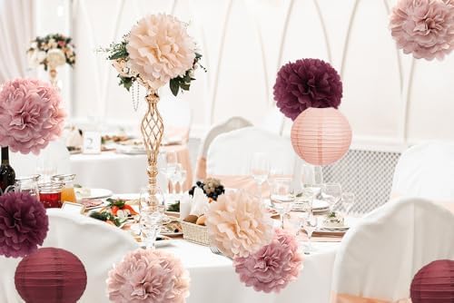 Hanging Party Decorations - Tissue Paper pom poms and Lanterns Backdrop Decor for Engagement Wedding Birthday, alternate view