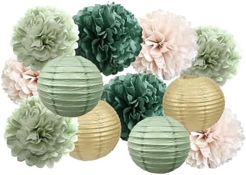 Hanging Party Decorations - Tissue Paper pom poms and Lanterns Backdrop Decor for Engagement Wedding Birthday