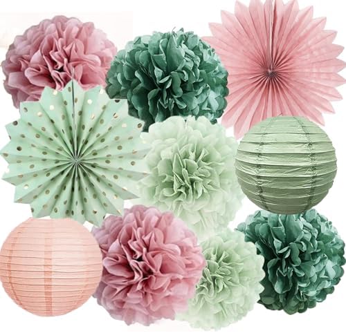 Hanging Party Decorations - Tissue Paper pom poms and Lanterns Backdrop Decor for Engagement Wedding Bridal