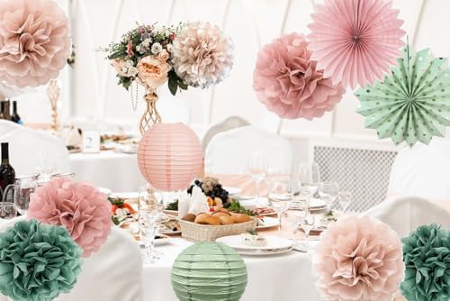 Hanging Party Decorations - Tissue Paper pom poms and Lanterns Backdrop Decor for Engagement Wedding Bridal, alternate view 4